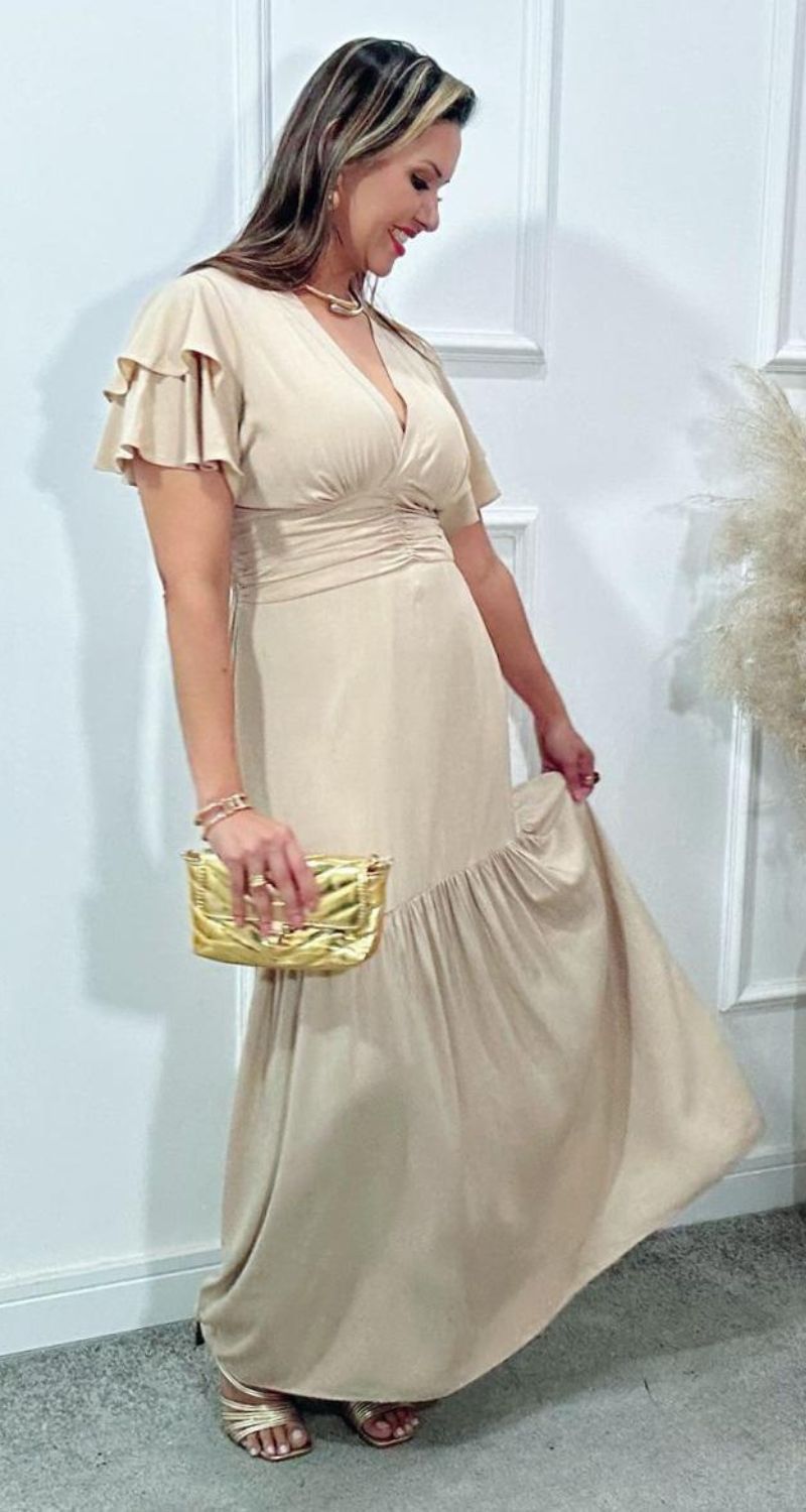Vestido Estela Manga Dupla Babados Nude