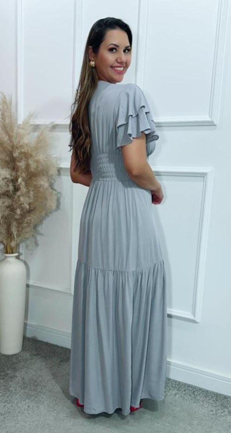 Vestido Estela Manga Dupla Babados Cinza