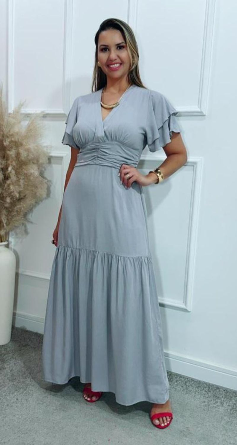 Vestido Estela Manga Dupla Babados Cinza