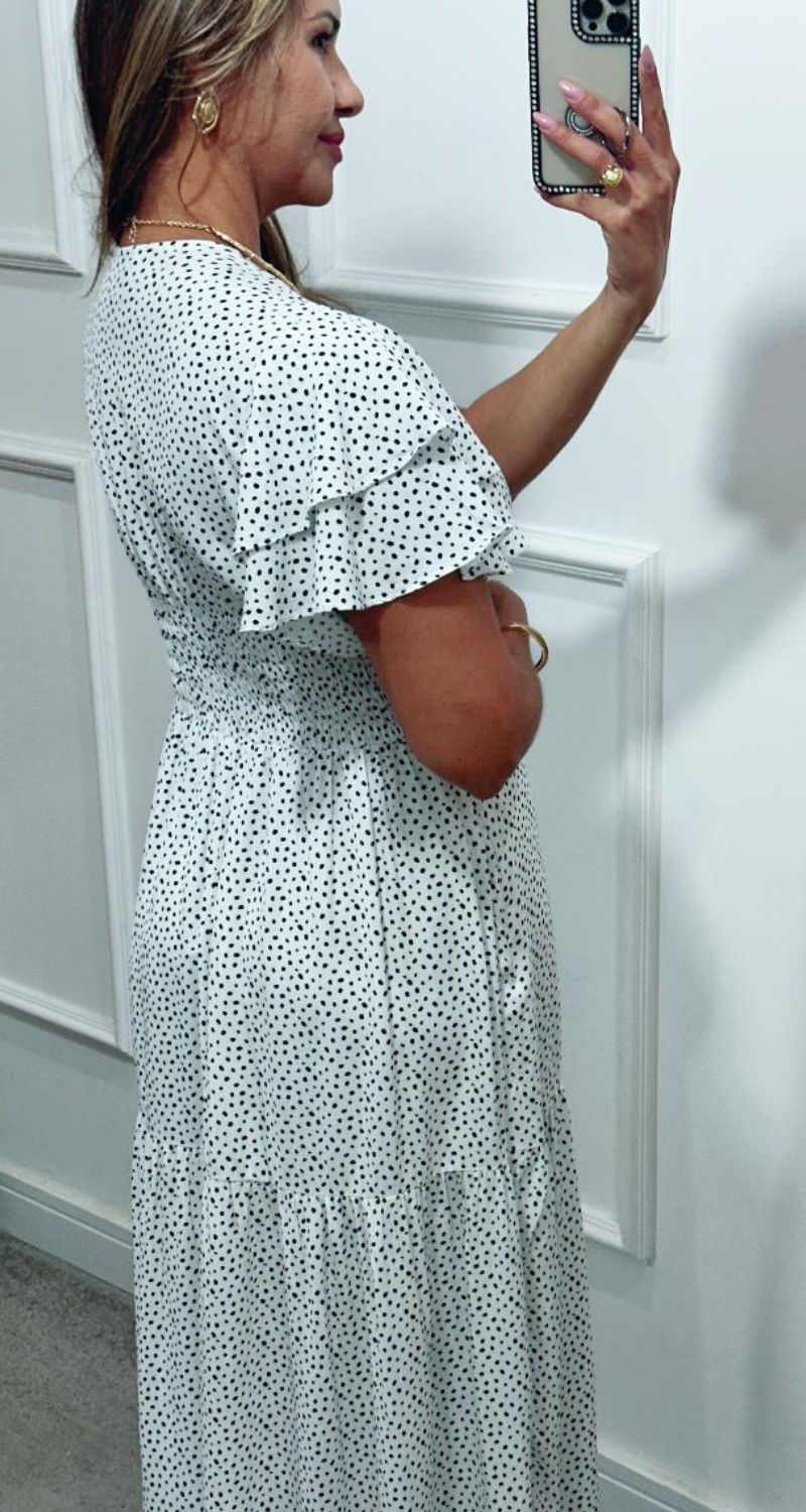 Vestido Estela Manga Dupla Babados Branco Poá
