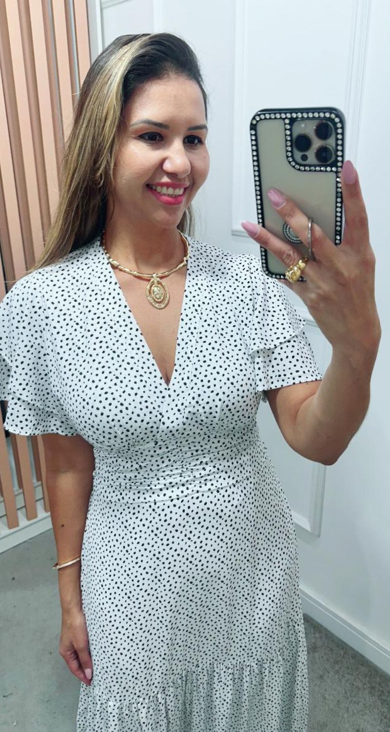 Vestido Estela Manga Dupla Babados Branco Poá