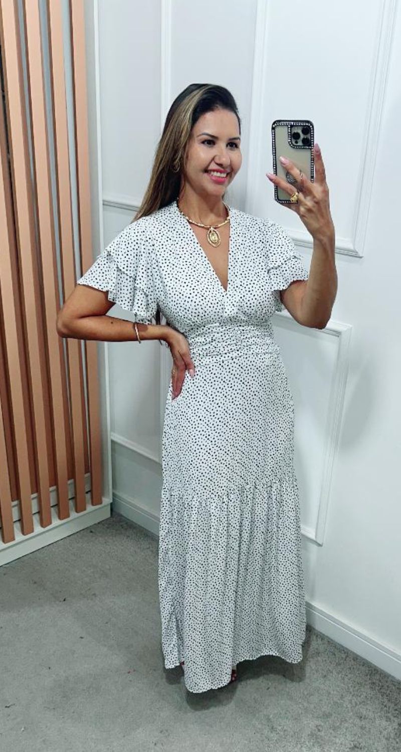 Vestido Estela Manga Dupla Babados Branco Poá