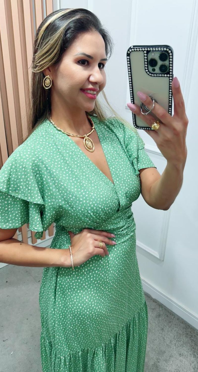 Vestido Estela Manga Dupla Babados Verde Sálvia Poá