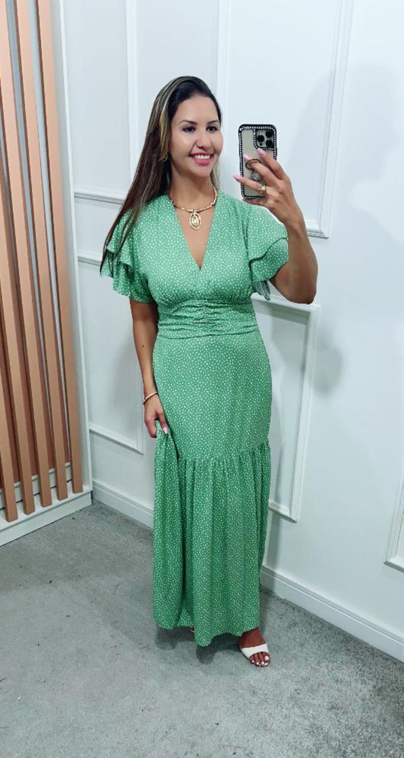 Vestido Estela Manga Dupla Babados Verde Sálvia Poá