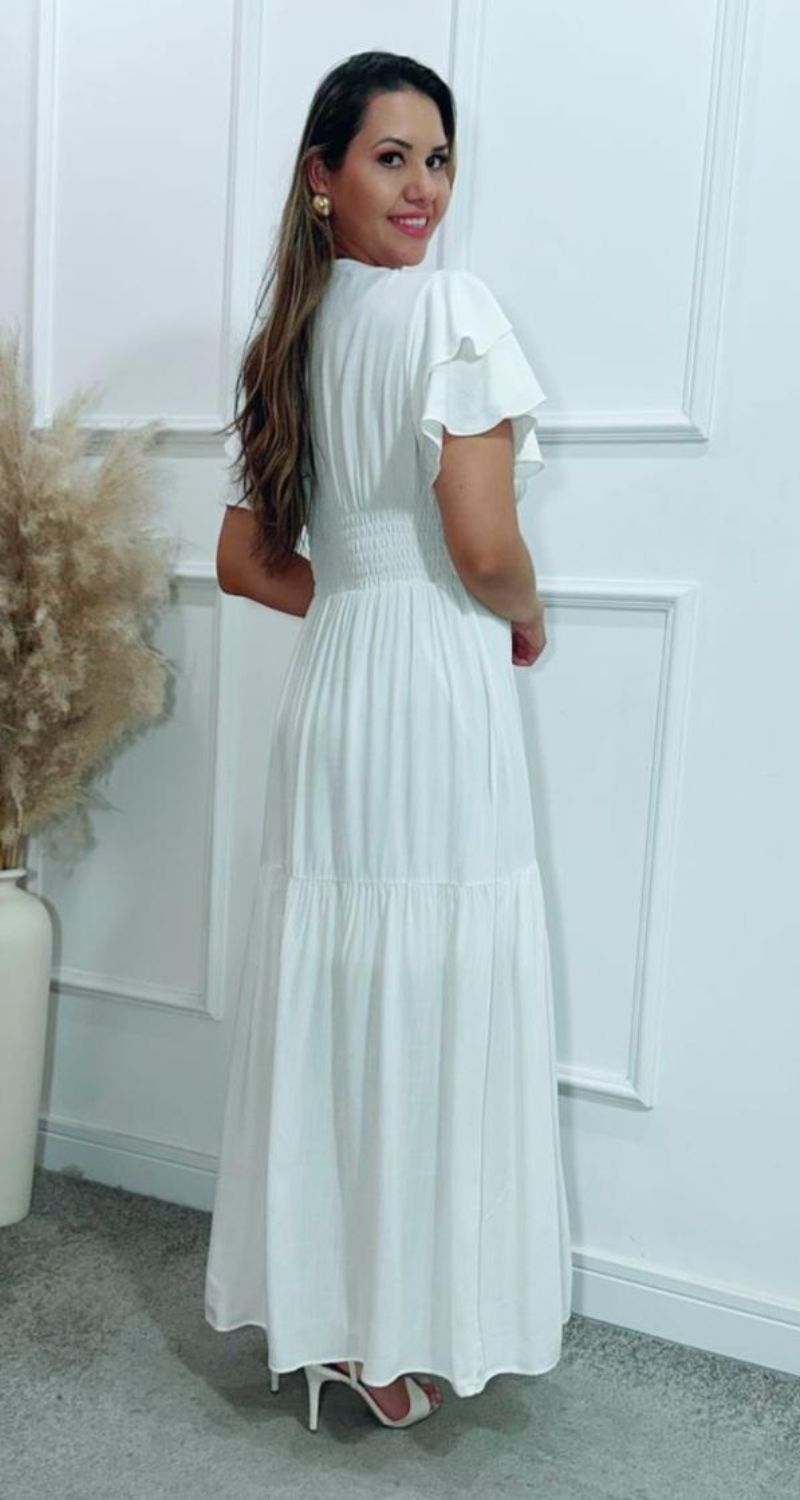 Vestido Estela Manga Dupla Babados Off White