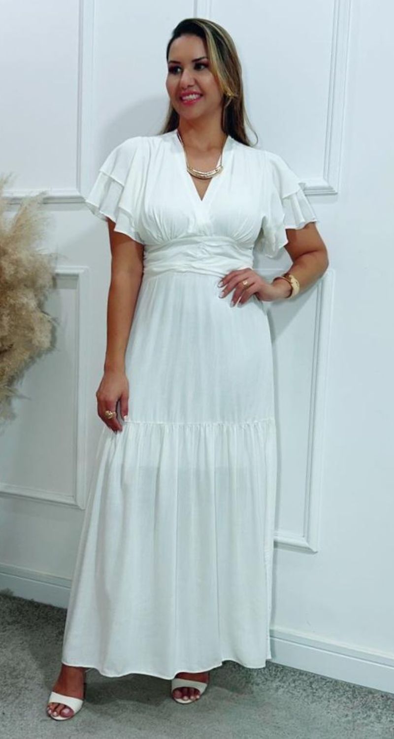 Vestido Estela Manga Dupla Babados Off White