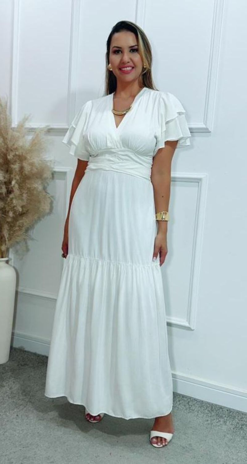 Vestido Estela Manga Dupla Babados Off White