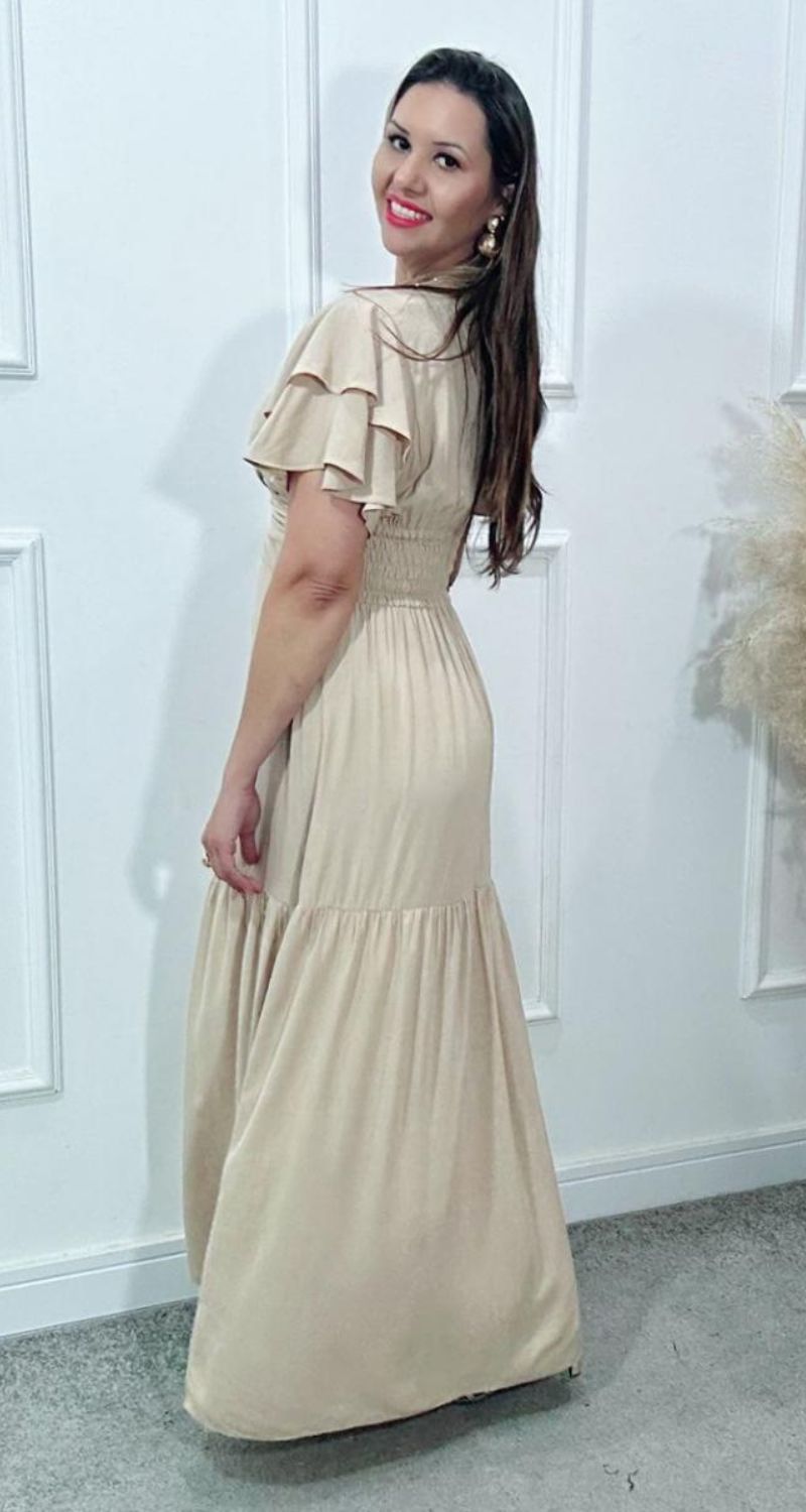 Vestido Estela Manga Dupla Babados Nude