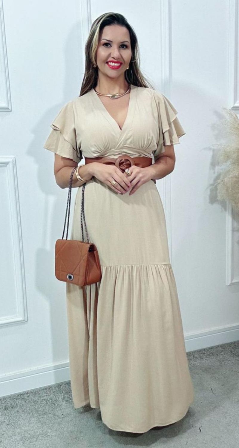 Vestido Estela Manga Dupla Babados Nude