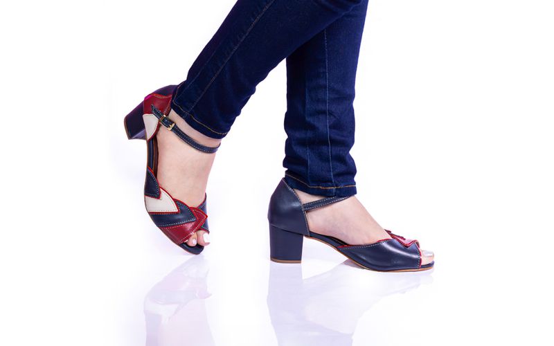 Sapato Legacy Retrô Com Salto em Couro Legítimo Azul Navy 