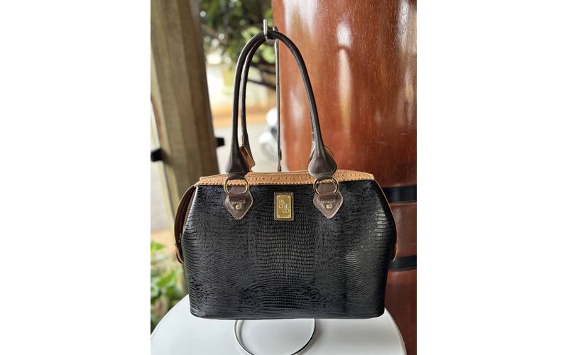 Bolsa em Couro Legítimo Lezard Preto / Café - 40947 