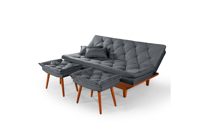 Sofá Cama Cinza Caribe em Suede Com Duas Banquetas... - Essencial Estofados - Fábrica de Móveis