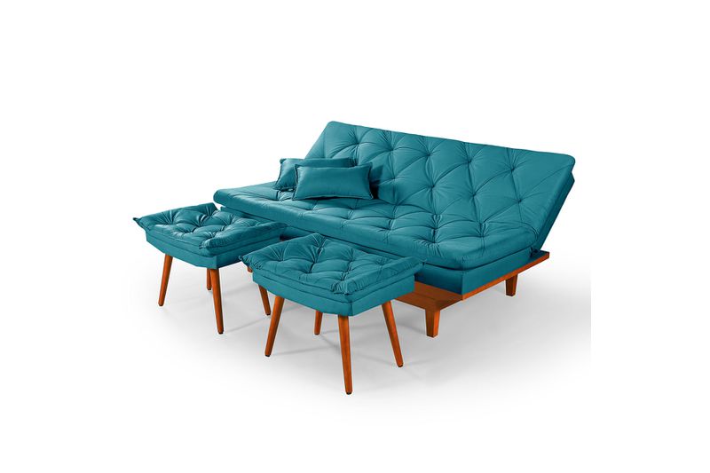 Sofá Cama Azul Turquesa Caribe em Suede + 2 Banque... - Essencial Estofados - Fábrica de Móveis