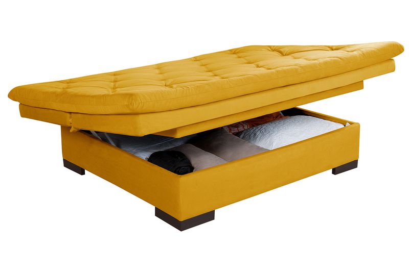 Sofá Cama Com Bau Reclinável Suede Liso - Amarelo ... - Essencial Estofados - Loja da Fábrica