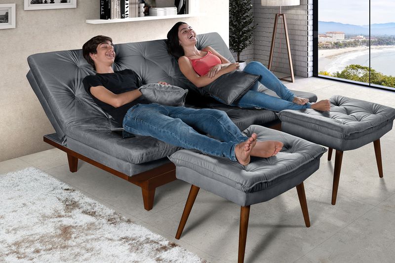 Sofá Cama Cinza Caribe em Suede Com Duas Banquetas... - Essencial Estofados - Fábrica de Móveis