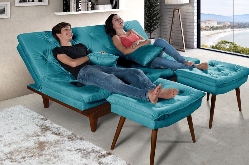 Sofá Cama Azul Turquesa Caribe em Suede + 2 Banque... - Essencial Estofados - Fábrica de Móveis