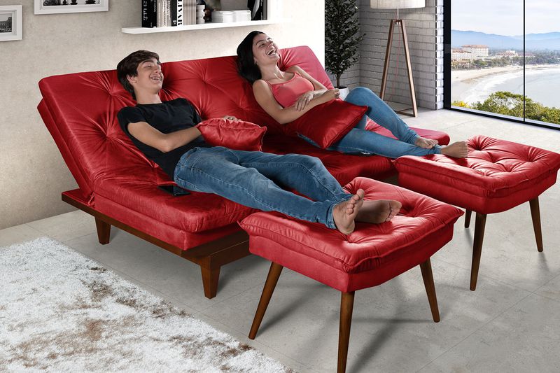 Sofá Cama Vermelho Caribe em Suede + Duas Banqueta... - Essencial Estofados - Fábrica de Móveis
