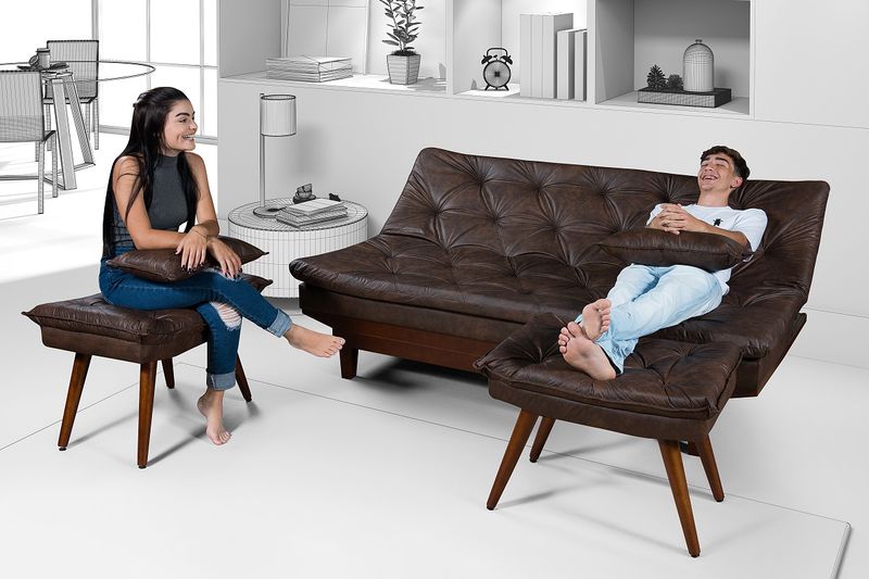 Sofá Cama de Courino Marrom Caribe Reclinável Com ... - Essencial Estofados - Fábrica de Móveis