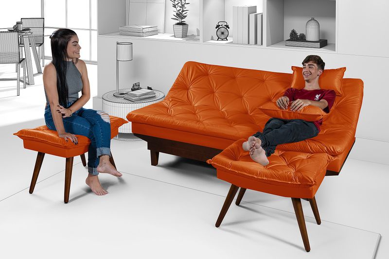 Sofá Cama Courino Laranja Caribe Reclinável + Duas... - Essencial Estofados - Fábrica de Móveis