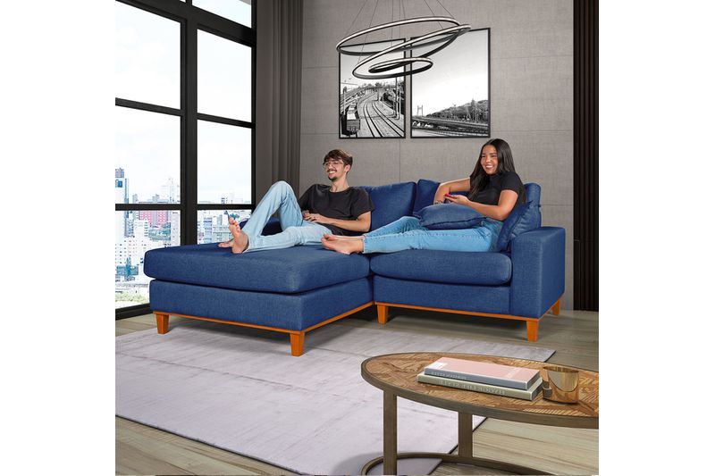 Sofá Com Chaise Esquerdo 1,94m em Linho Azul - Par... - Martins & Ornelas Indústria Ltda - Essencial Estofados 