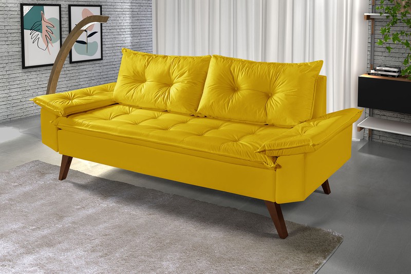 Sofá Courino Tipo A (Corano) Amarelo 3 lugares Bar... - Essencial Estofados - Fábrica de Móveis
