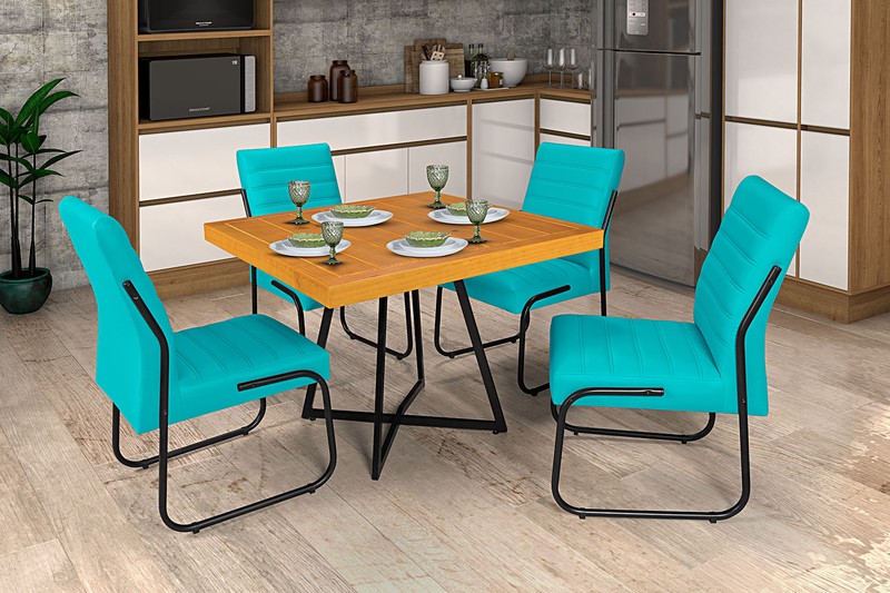 Mesa Com 4 Cadeiras Azul turquesa Opcionais - Jade... - Essencial Estofados - Fábrica de Móveis