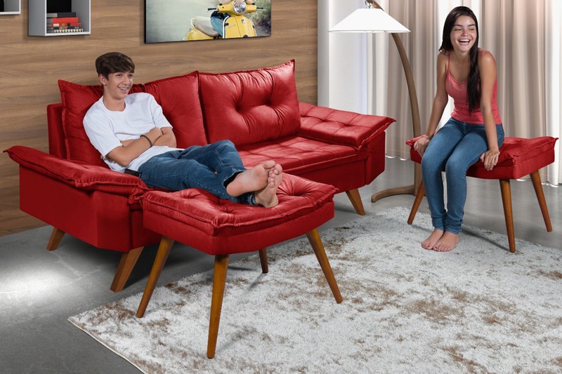 Sofá 3 Lugares Vermelho Bariloche Suede Com Duas B... - Essencial Estofados - Fábrica de Móveis