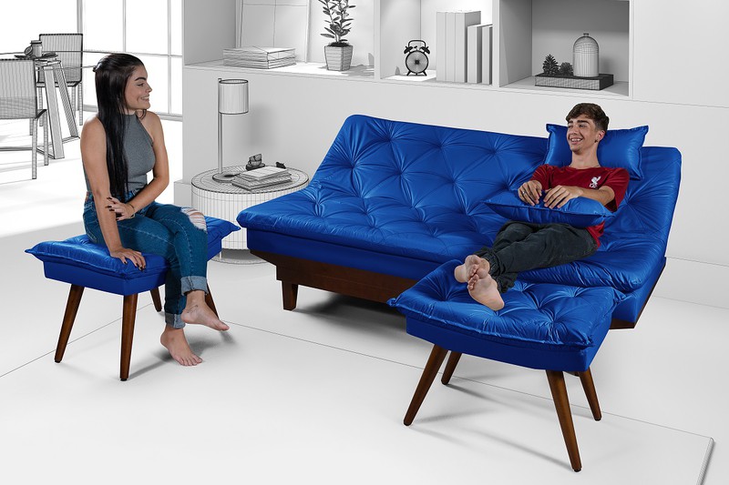 Sofá Cama Courino Azul Marinho Caribe Reclinável +... - Essencial Estofados - Fábrica de Móveis