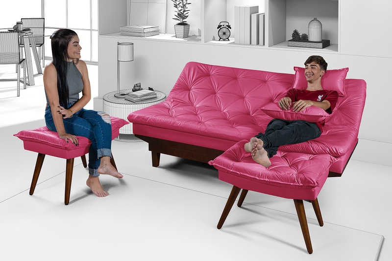 Sofá Cama Courino Rosa Pink Caribe Reclinável + Du... - Essencial Estofados - Fábrica de Móveis