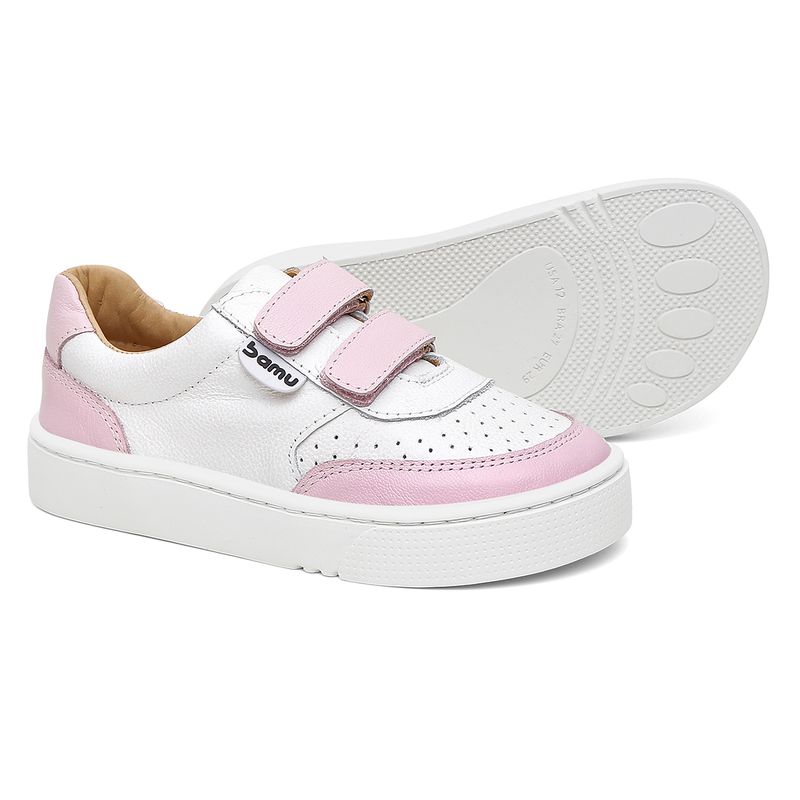 Tênis em Couro Branco e Rosa Bamu Infantil - BAMU