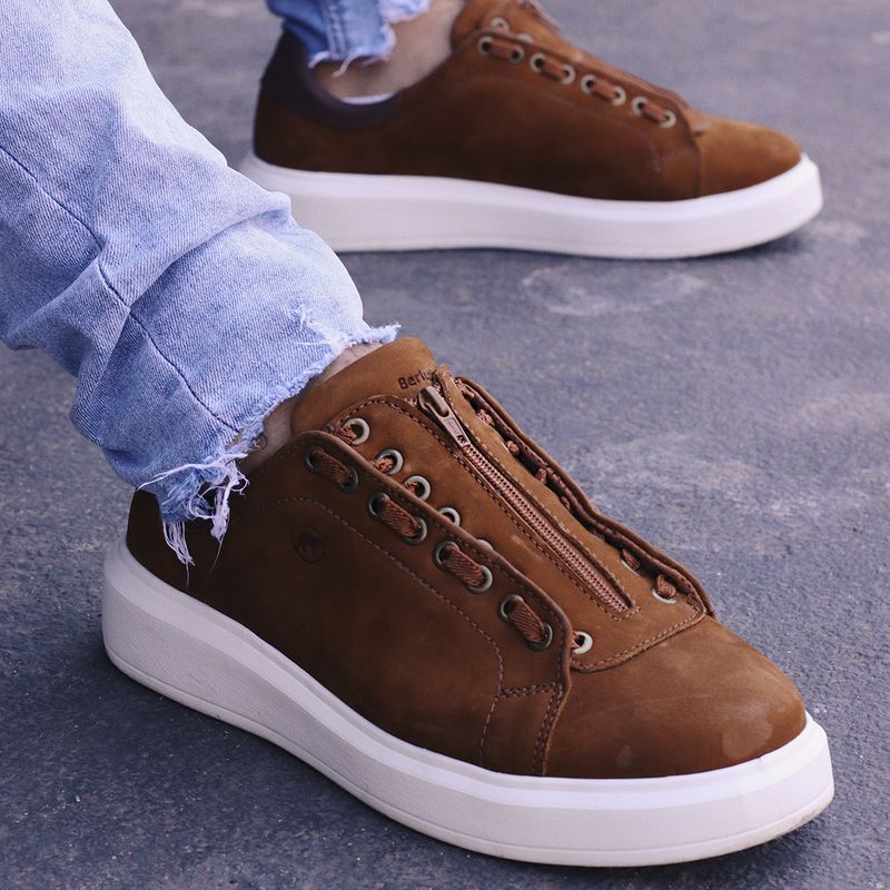 Tênis Fechamento Ziper Couro Nobuck Caramelo Sola ... - Berlutini Shoes