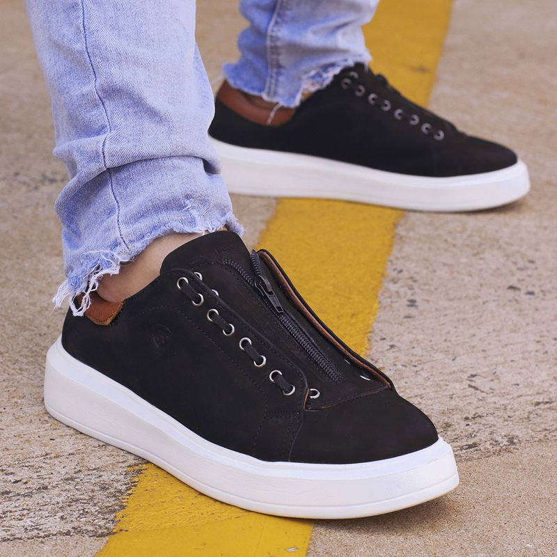 Tênis Fechamento Ziper Couro Nobuck Preto Sola Alt... - Berlutini Shoes