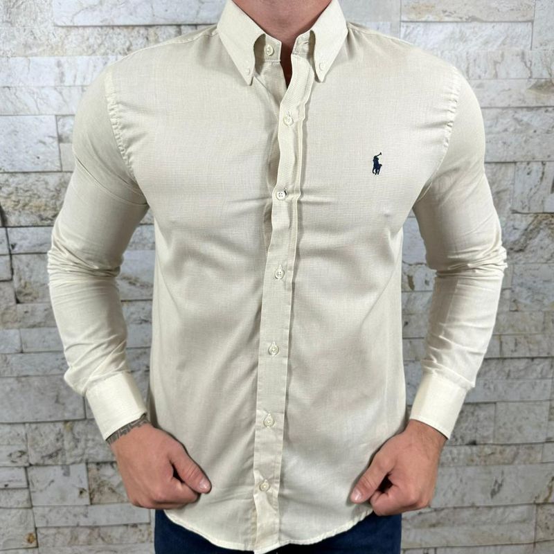 Camisa Manga Longa PRL Micro Xadrez Bege⭐ - 1803 - PORTAL DROP - ATACADO