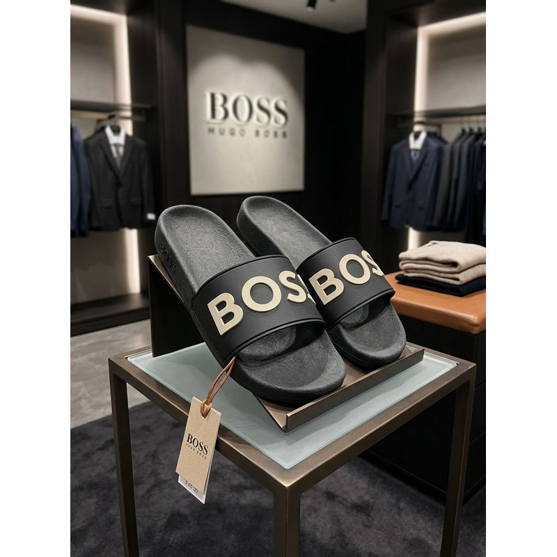 Chinelo Slide HB Preto logo creme. - 2336 - PORTAL DROP - ATACADO