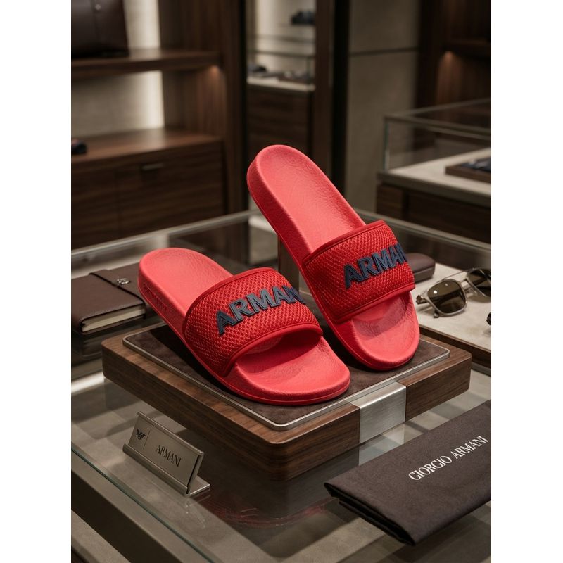 Chinelo Slide Armani Vermelho.⭐ - 3968 - PORTAL DROP - ATACADO