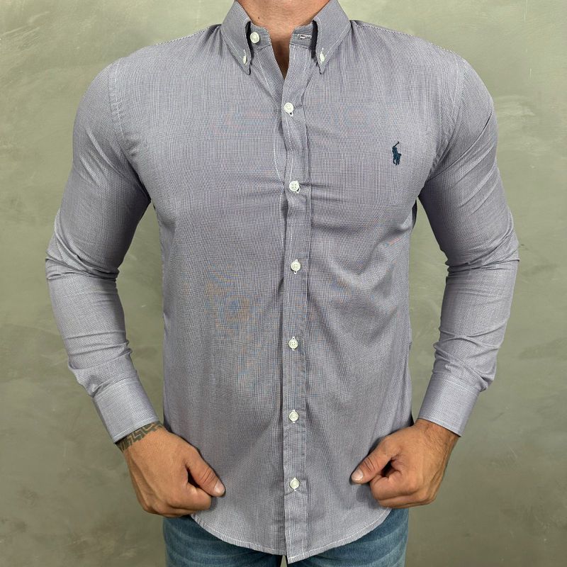 Camisa Manga Longa PRL Micro Xadrez Azul⭐ - 40840 - PORTAL DROP - ATACADO