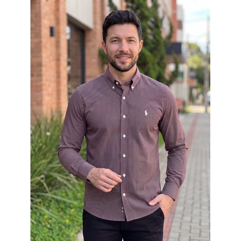 Camisa Manga Longa PRL Micro Xadrez Marrom. - 4084... - PORTAL DROP - ATACADO