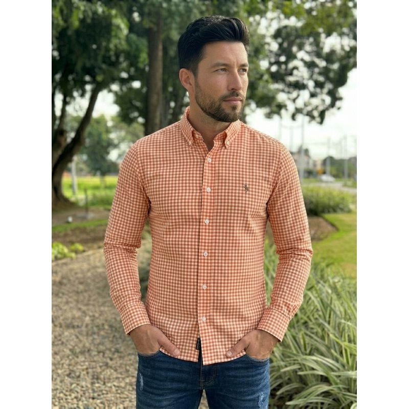 Camisa Manga Longa PRL Xadrez Laranja - 8171 - PORTAL DROP - ATACADO