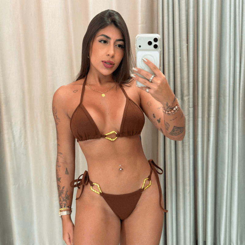 conjunto biquini Dominique marrom - Ella Moda Praia