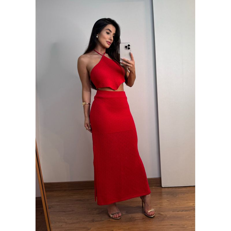 CONJUNTO MAIA VERMELHO SAIA MIDI E CROPPED 
