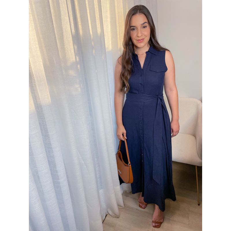 Vestido Linho Rebeca - Azul Marinho - 1440001 - LOJAELLE