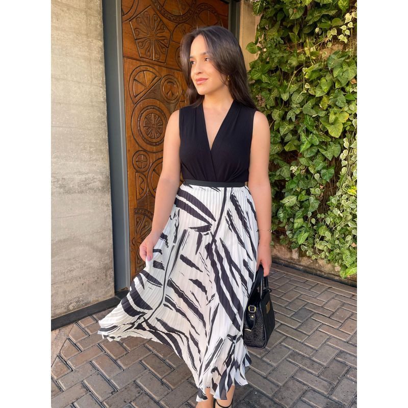 Saia Midi Plissada - Off com Preto - 2710001 - LOJAELLE