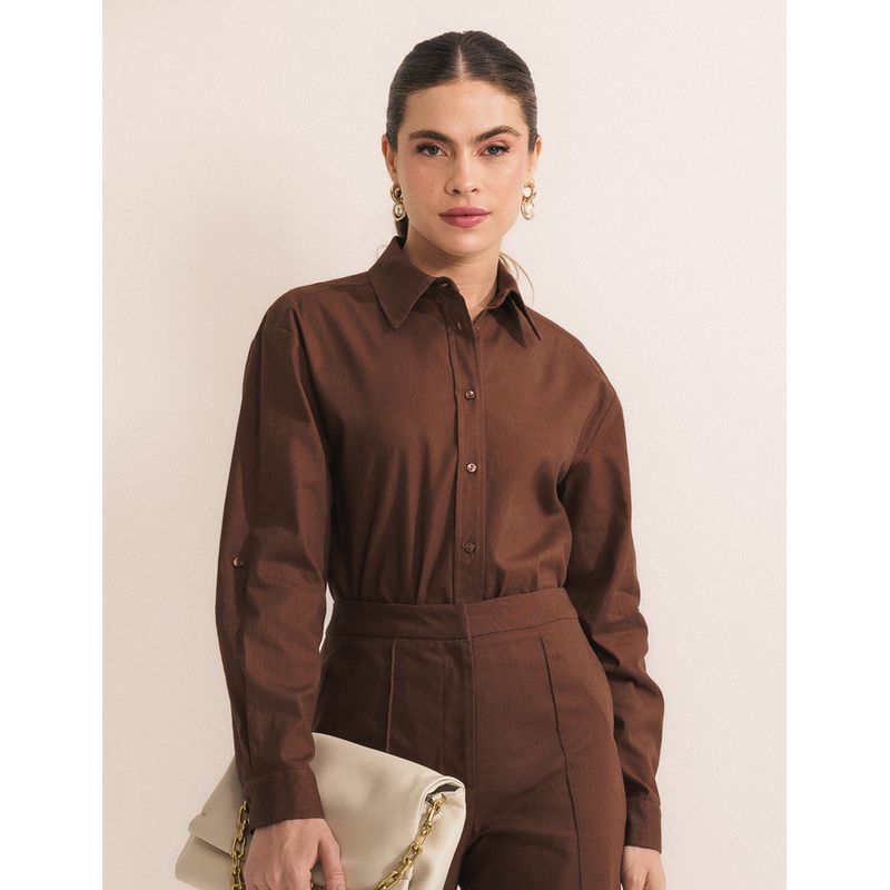 Camisa Botão Costas Algodão - Marrom - 2240642189/... - LOJAELLE