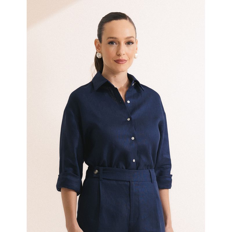 Camisa Linho 100% - Marinho Azul Noite - 240842259... - LOJAELLE