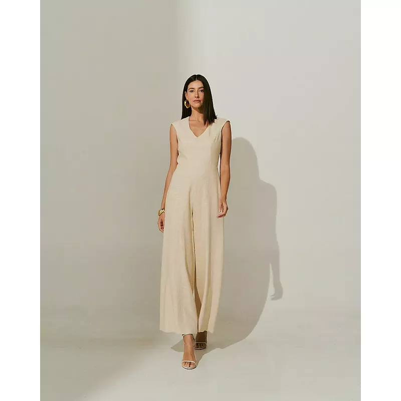 Macacão Pantalona Audrey - Linho Crú - 5770001 - LOJAELLE