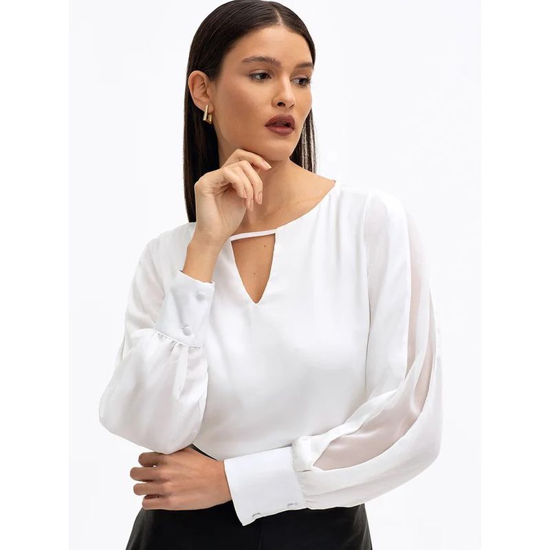 Blusa C Recorte Transparente Carin - Off White - 0... - LOJAELLE