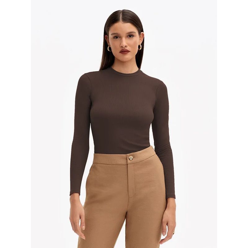 Blusa Delma Mg Longa Canelada - Marrom - 000702000 - LOJAELLE