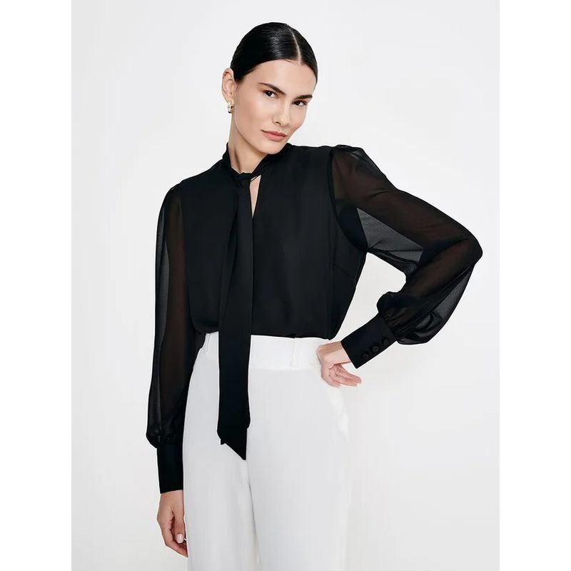 Blusa Crepe C Laço Vanilde - Preto - 0007030002 - LOJAELLE