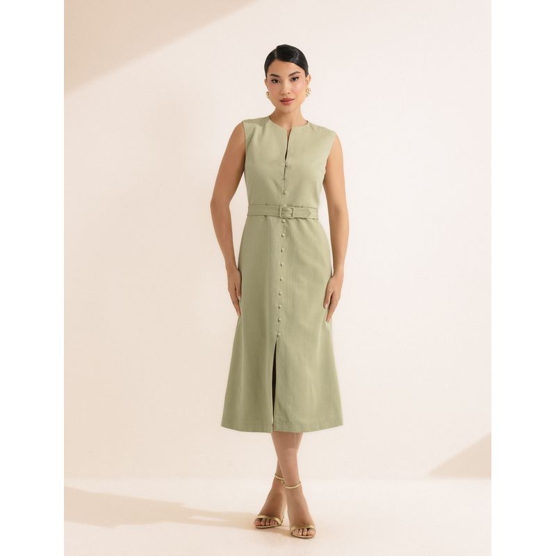 Vestido Midi Botões Viscose Linho - Verde Cardamom... - LOJAELLE