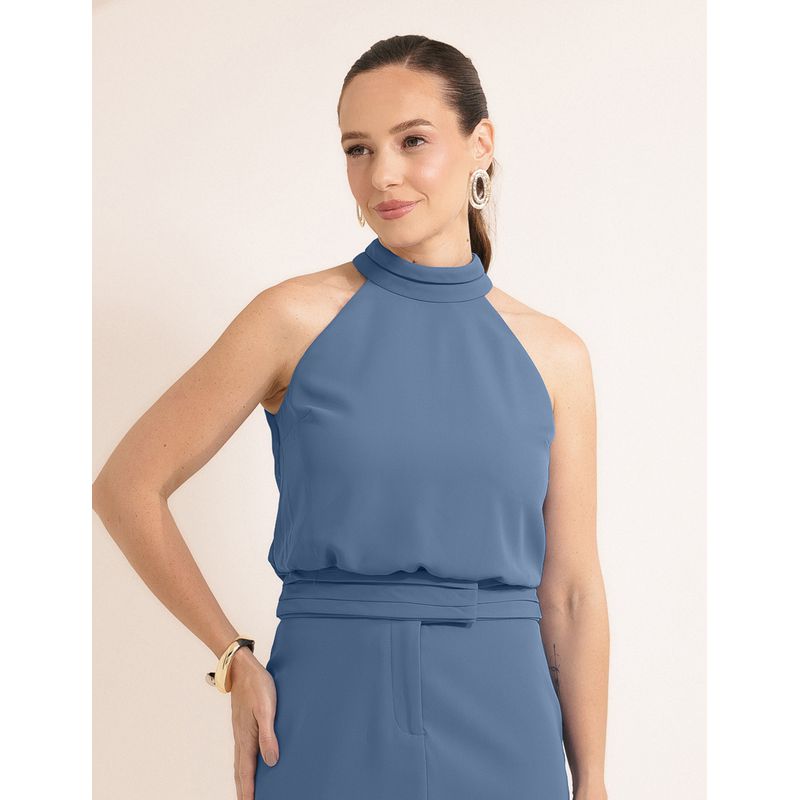Blusa Decote Pregas Alfaiataria Fluida - Azul Bote... - LOJAELLE